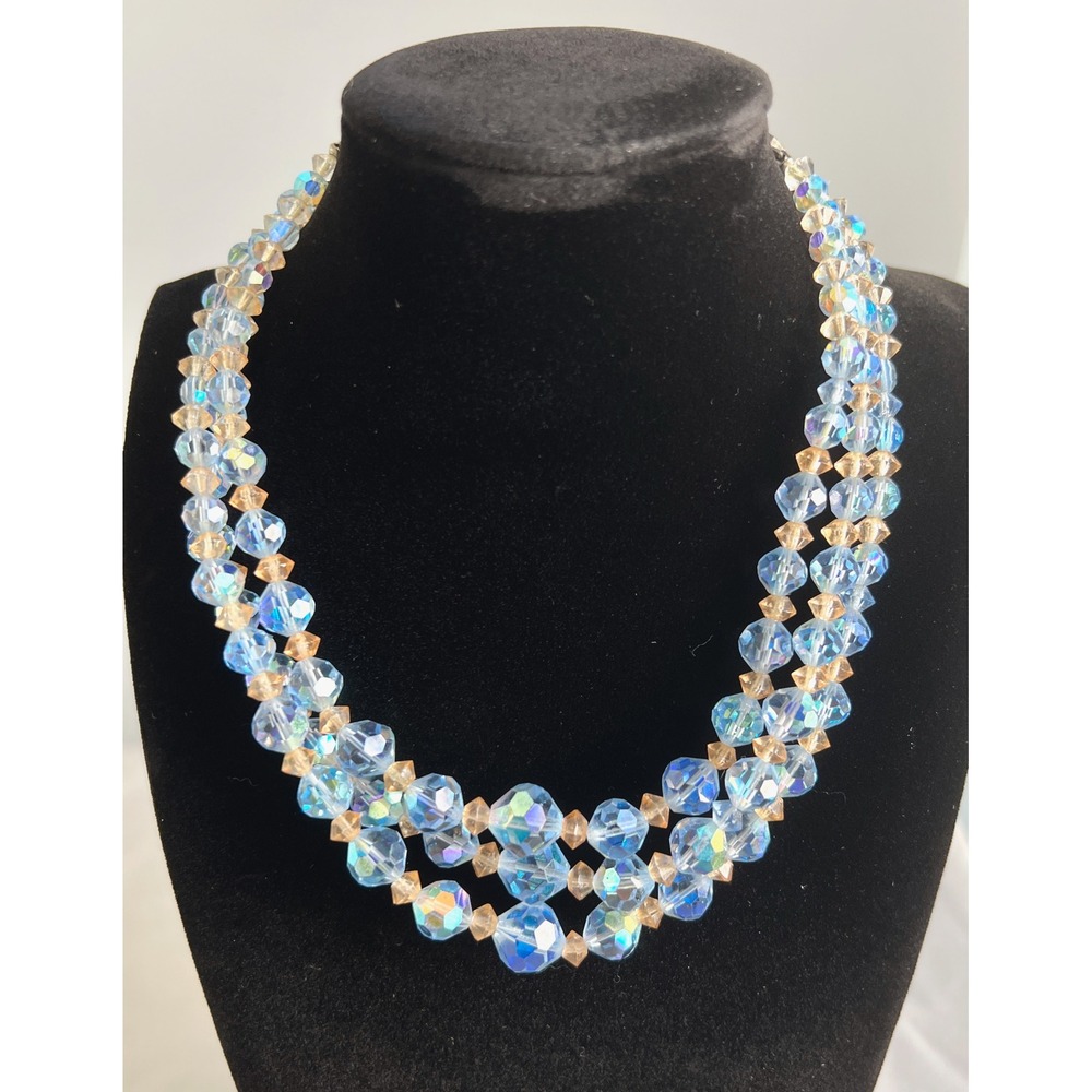 Vintage 1950s Aurora Borealis Crystal Triple Strand Necklace Blue Amber 13"